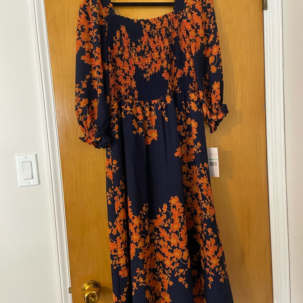 Nanette Lepore Navy Blue and Orange Midi Dress NWT